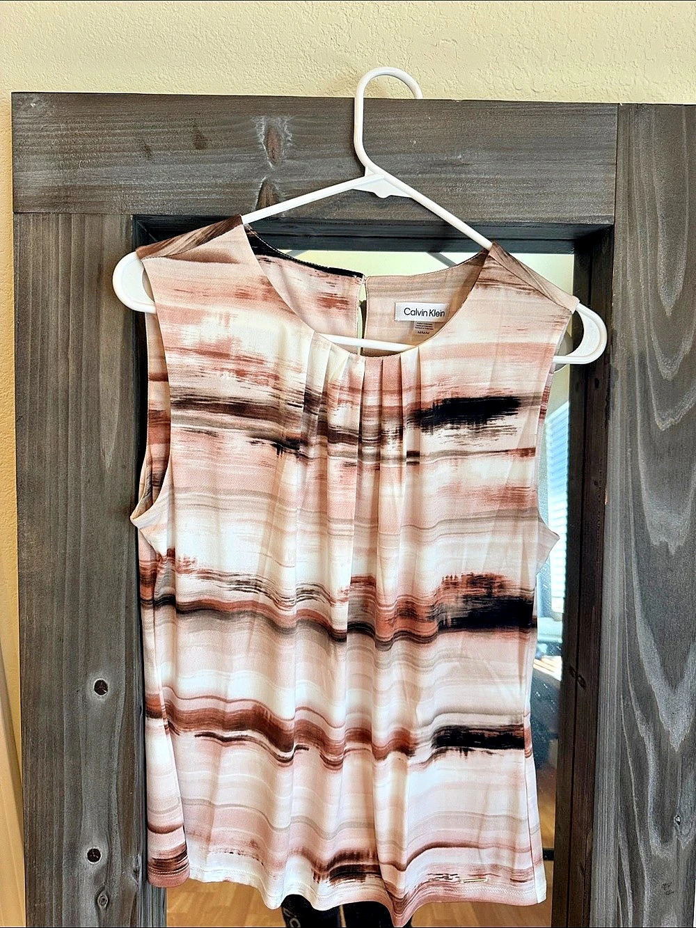 Calvin Klein Pink Abstract Print Pleated Neck Blouse